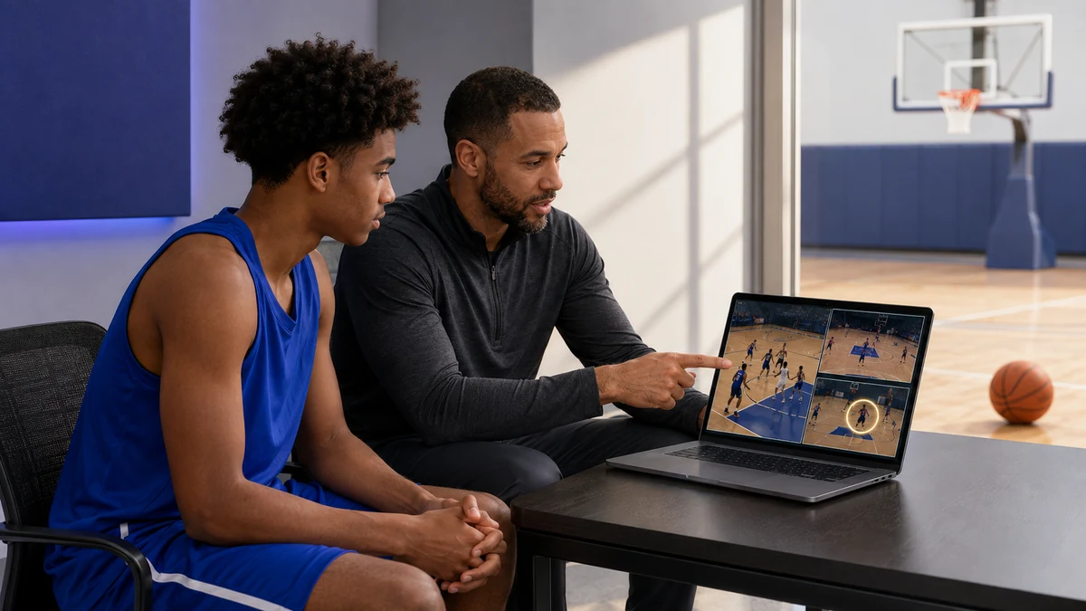 Text-free illustration of a basketball player reviewing game film clips with a coach on a laptop