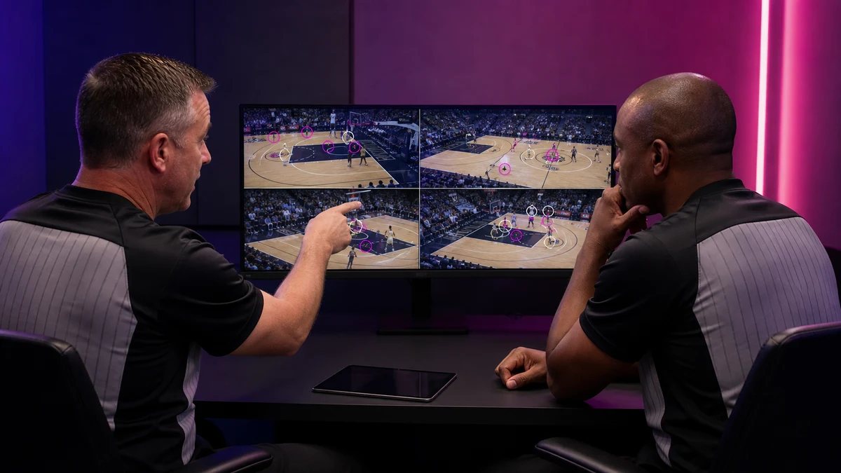 Two basketball referees reviewing multi-angle game video and performance markers together in an officiating training room