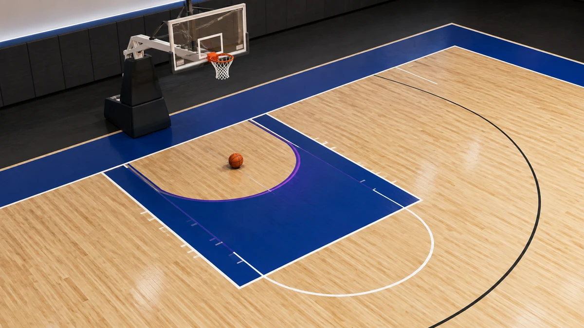 Text-free high-angle basketball half court with one hoop, one ball, and a violet restricted-area semicircle