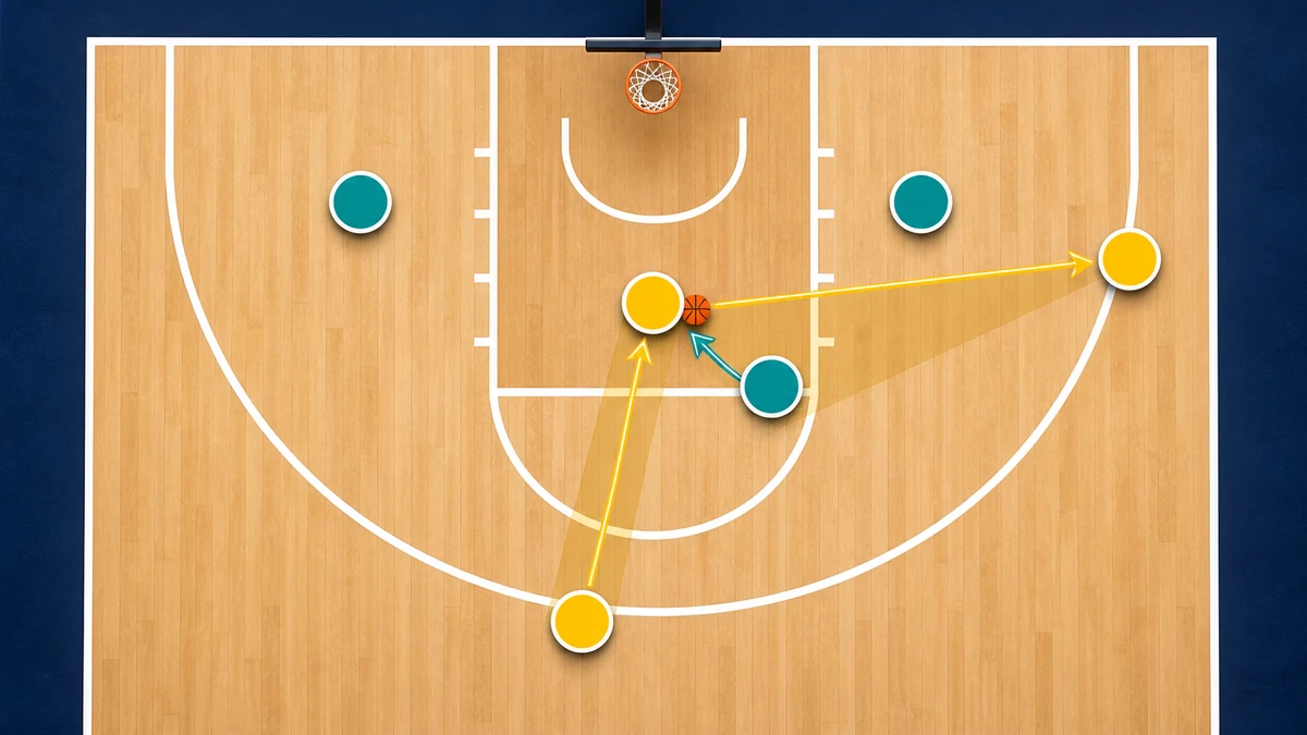 Basketball-Short-Roll-Diagramm von oben, das den Fang in der Mitte, einen rotierenden Helfer und zwei Passfenster zeigt.