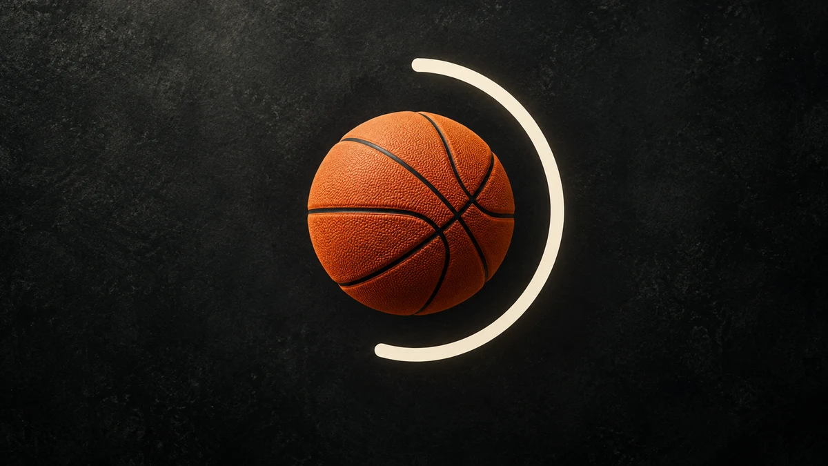 An orange basketball beside a partial countdown arc on a dark background.