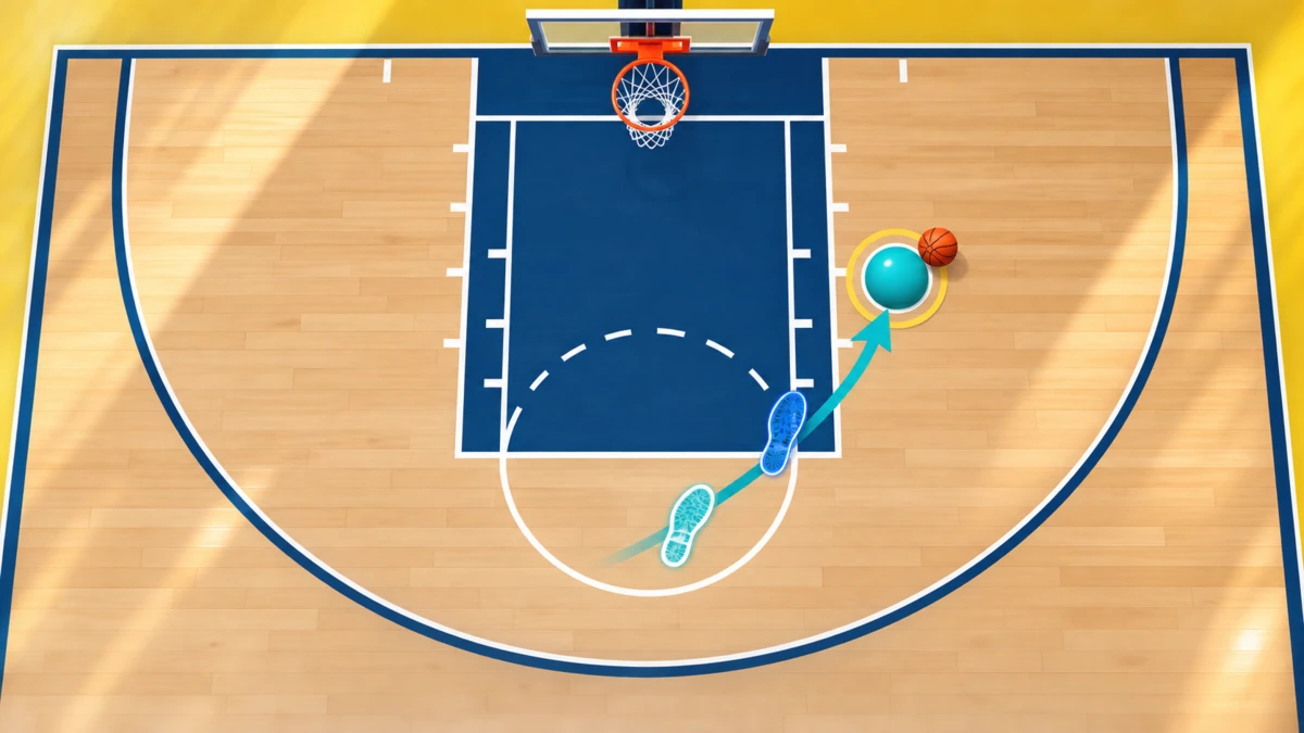 Top-down basketball footwork diagram showing two ordered steps into a balanced catch-to-shot position.