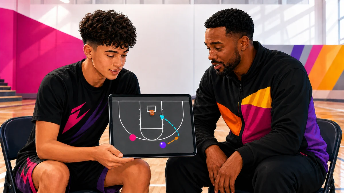 A basketball player and coach review shot selection from game film on a tablet