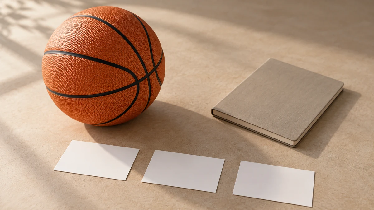 Ein Basketball neben einem geschlossenen Notizbuch und drei leeren Karten auf einer neutralen Tischplatte.