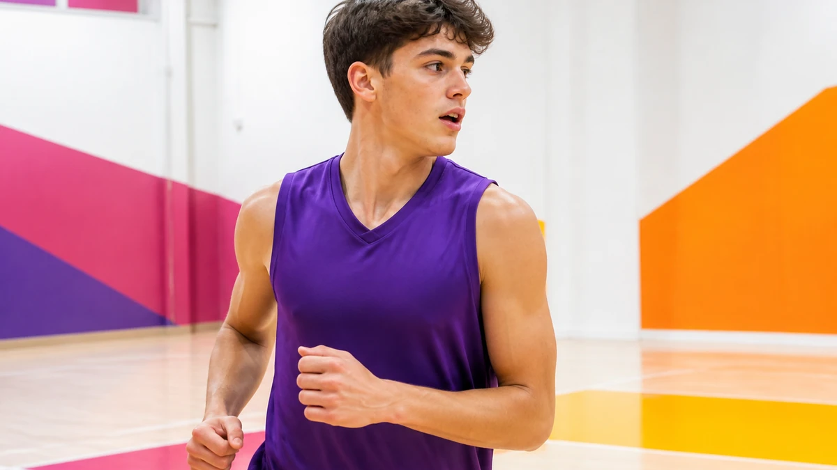 A basketball player cutting off a screen with a focused look to the side in a bright gym.