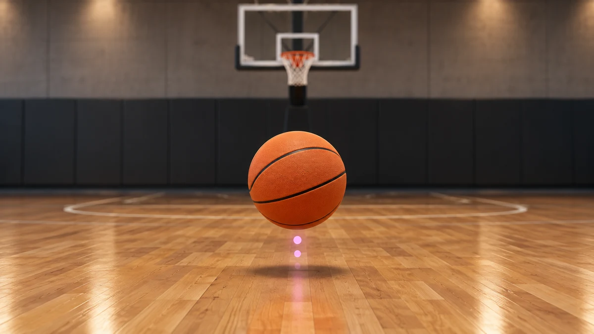 Unmarked basketball floating above a polished court with a subtle dotted rhythm path and a blurred hoop behind it.