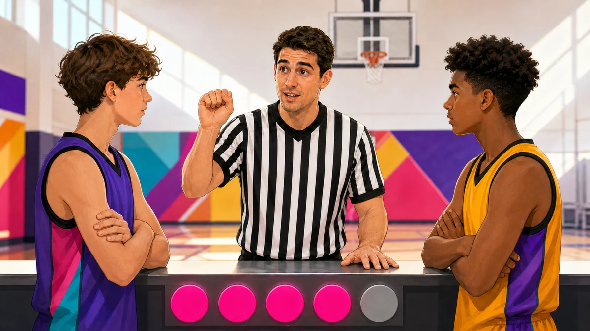 Seorang wasit menjelaskan pelanggaran tim kepada dua pemain bola basket di samping indikator bonus abstrak
