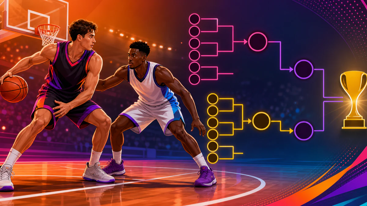 Un brillante cuadro esquemático de baloncesto fluye desde dos grupos a través de eliminatorias hasta un trofeo.