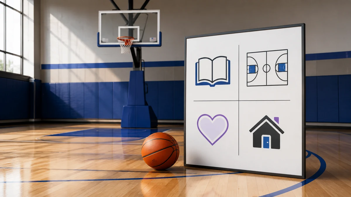 Text-free basketball gym still life with a program-fit comparison board, one basketball, and one hoop