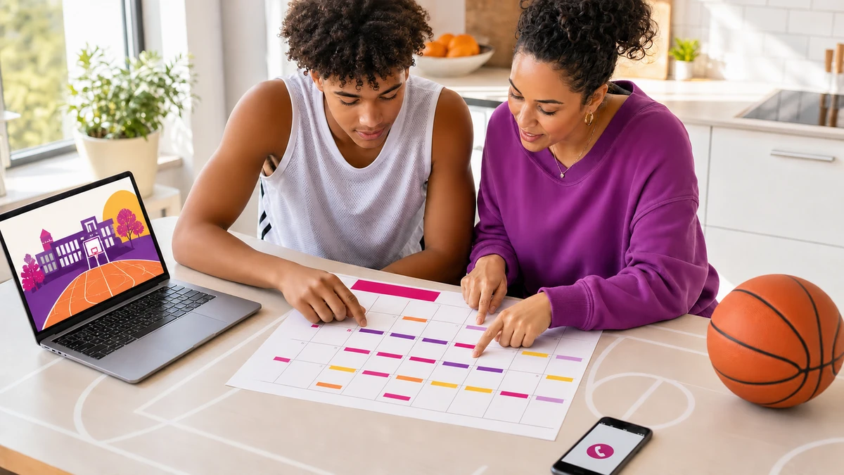 High-school basketball player and parent review an unlabeled color-block recruiting calendar beside a laptop and basketball in a bright study space.