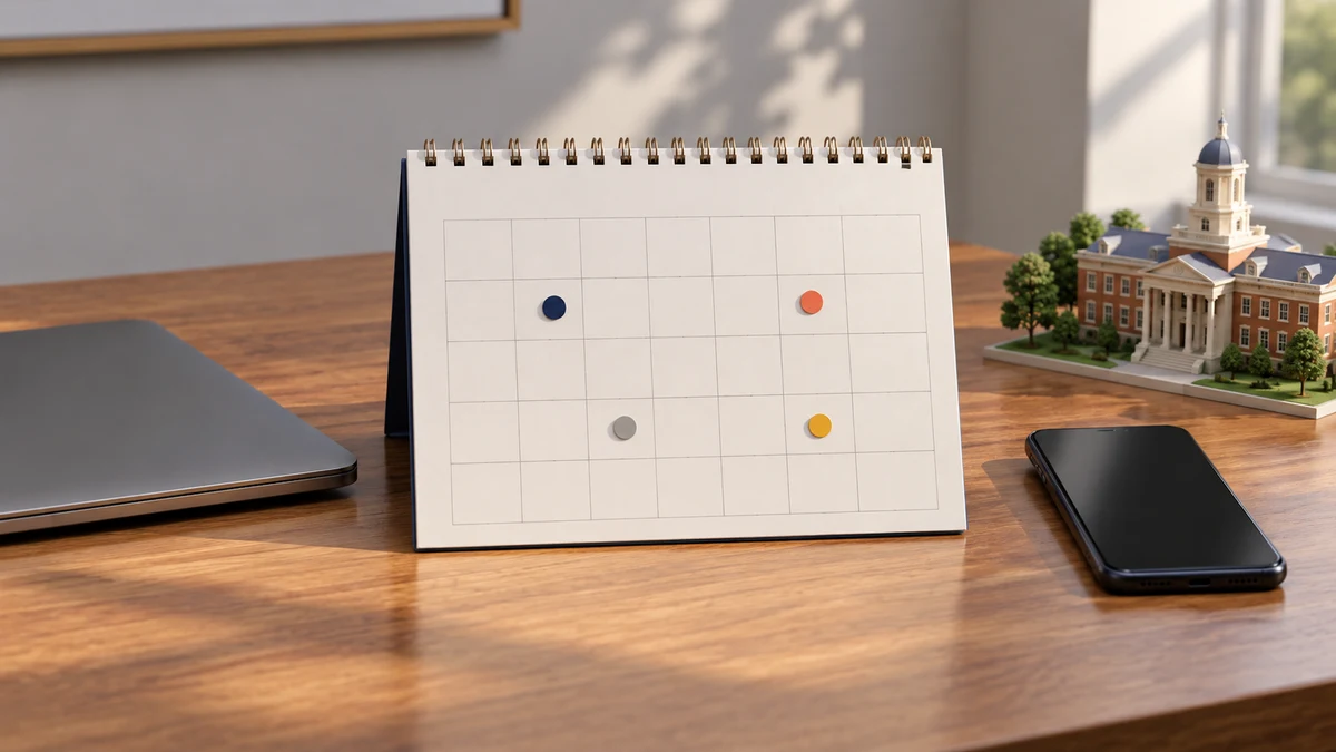 A blank desk calendar with four colored markers beside a phone, closed laptop, and campus model
