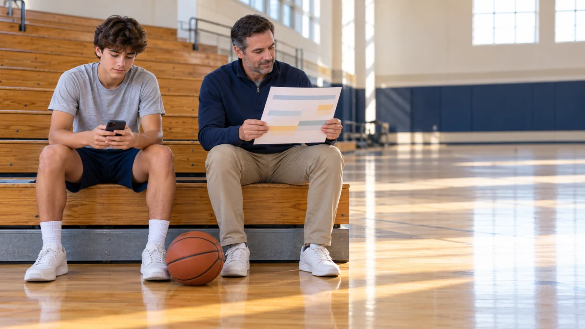 A high school basketball player and parent compare a phone with an official recruiting calendar while seated beside a basketball court.