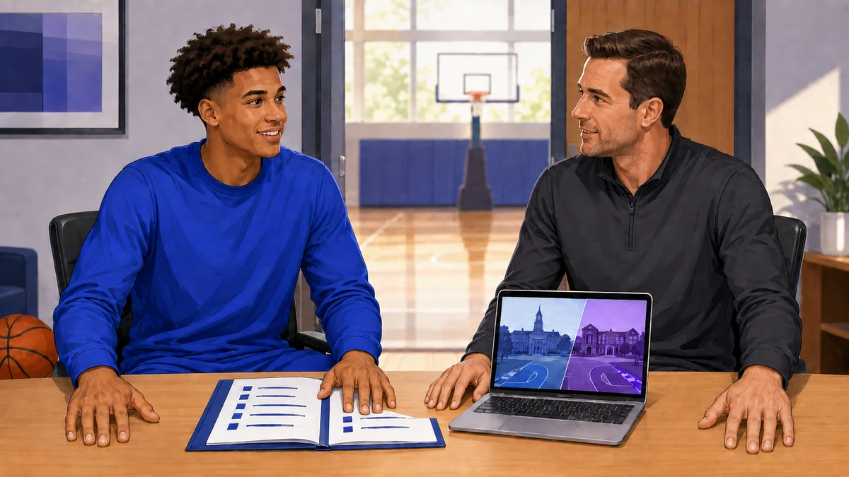 Ilustración sin texto de un jugador de baloncesto universitario revisando una lista de verificación de transferencia escolar con un asesor de cumplimiento