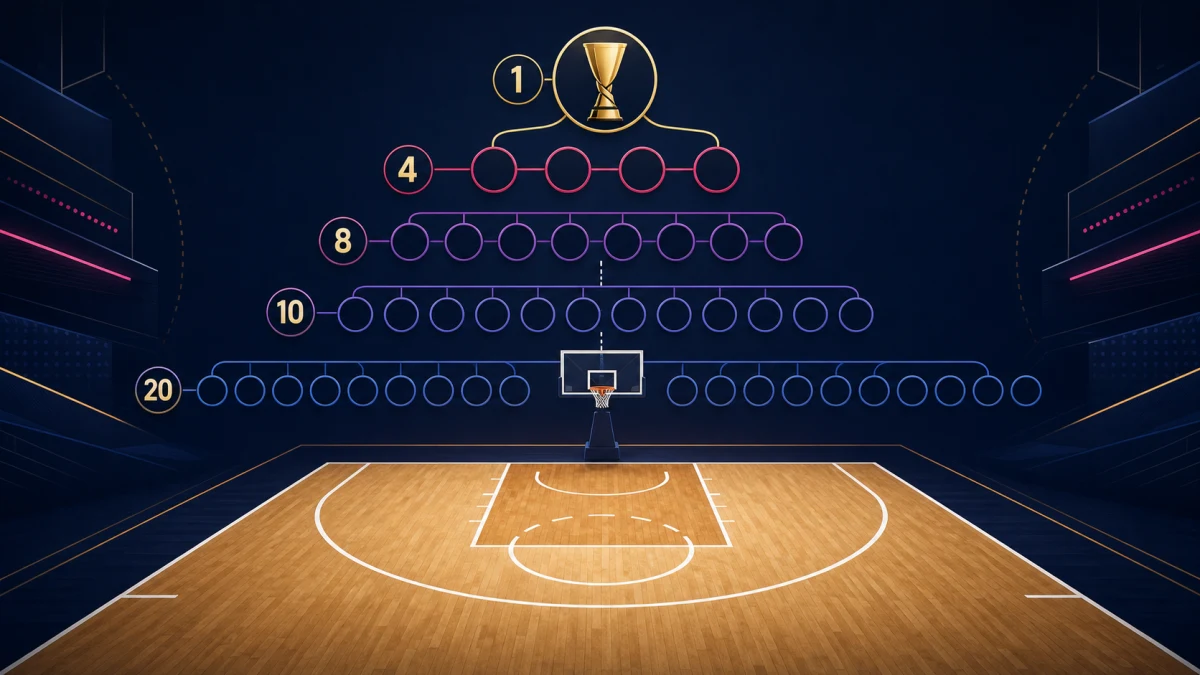 Diagrama de competición de baloncesto que muestra cómo el campo se reduce de 20 equipos a un trofeo de campeonato.