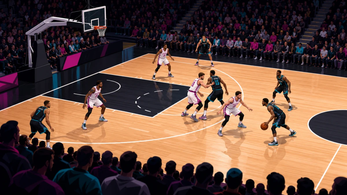 An editorial arena illustration shows two European club teams running a tactical half-court possession in front of a packed crowd.