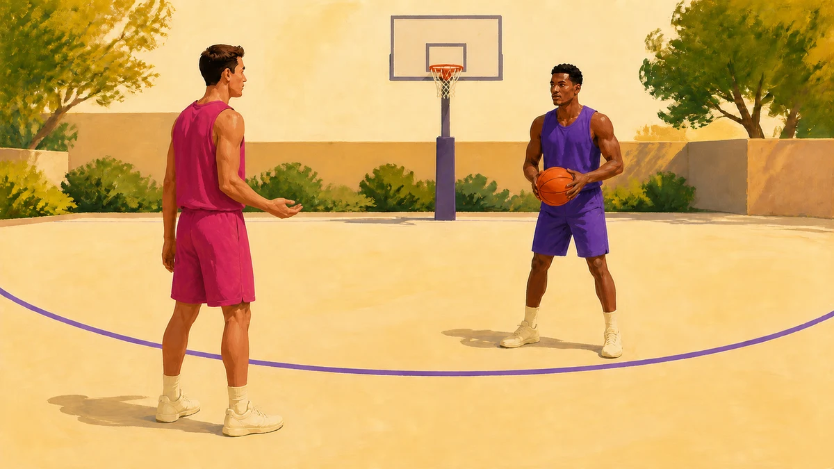 Ilustrasi pengaturan check-ball dengan pemain bertahan berwarna ungu memegang satu bola basket dan pemain ofensif berwarna magenta menunggu di luar garis tiga angka.