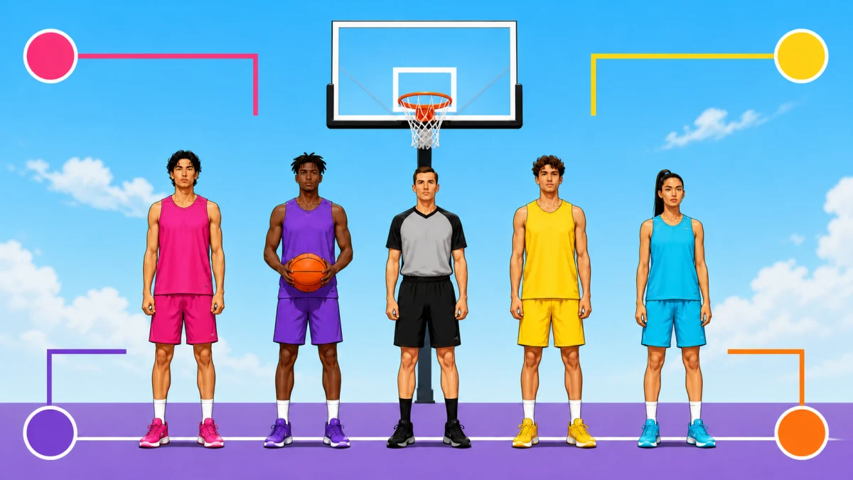 Four 3x3 players and a referee stand beneath a hoop, framed by four abstract competition-pathway markers.