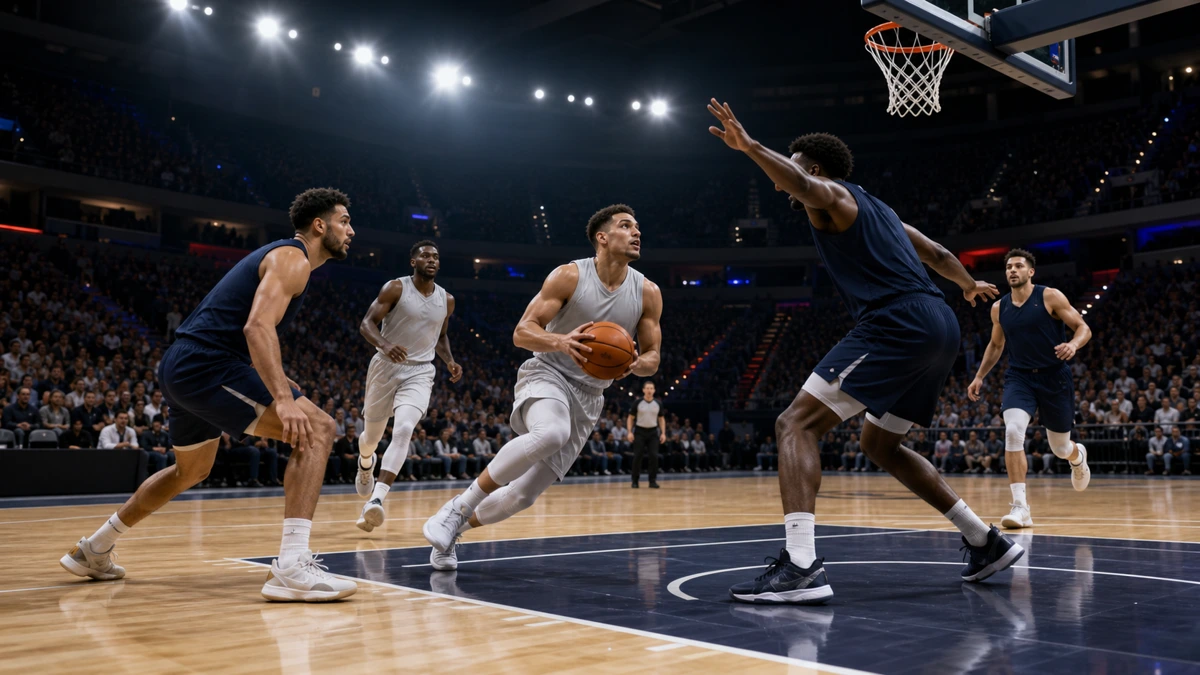 Five professional basketball players compete around the lane during an international club game in a packed, unbranded arena.