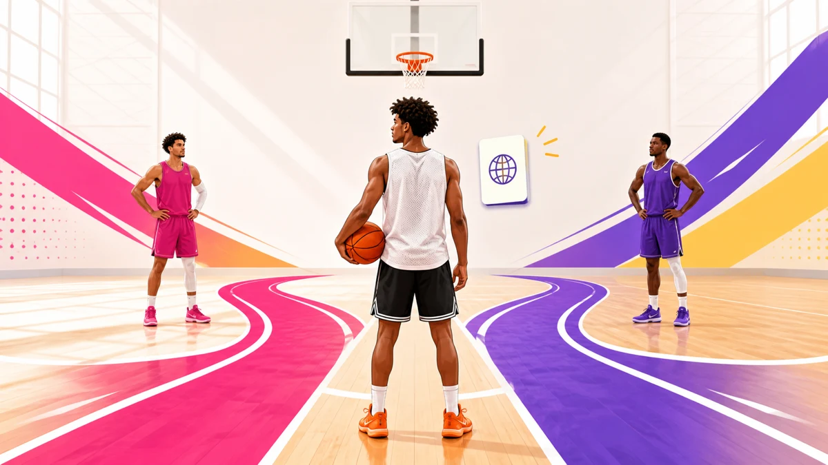 Tre giocatori di basket affrontano due percorsi ramificati del campo sotto un canestro, accanto a un simbolo di passaporto vuoto, in una palestra luminosa.