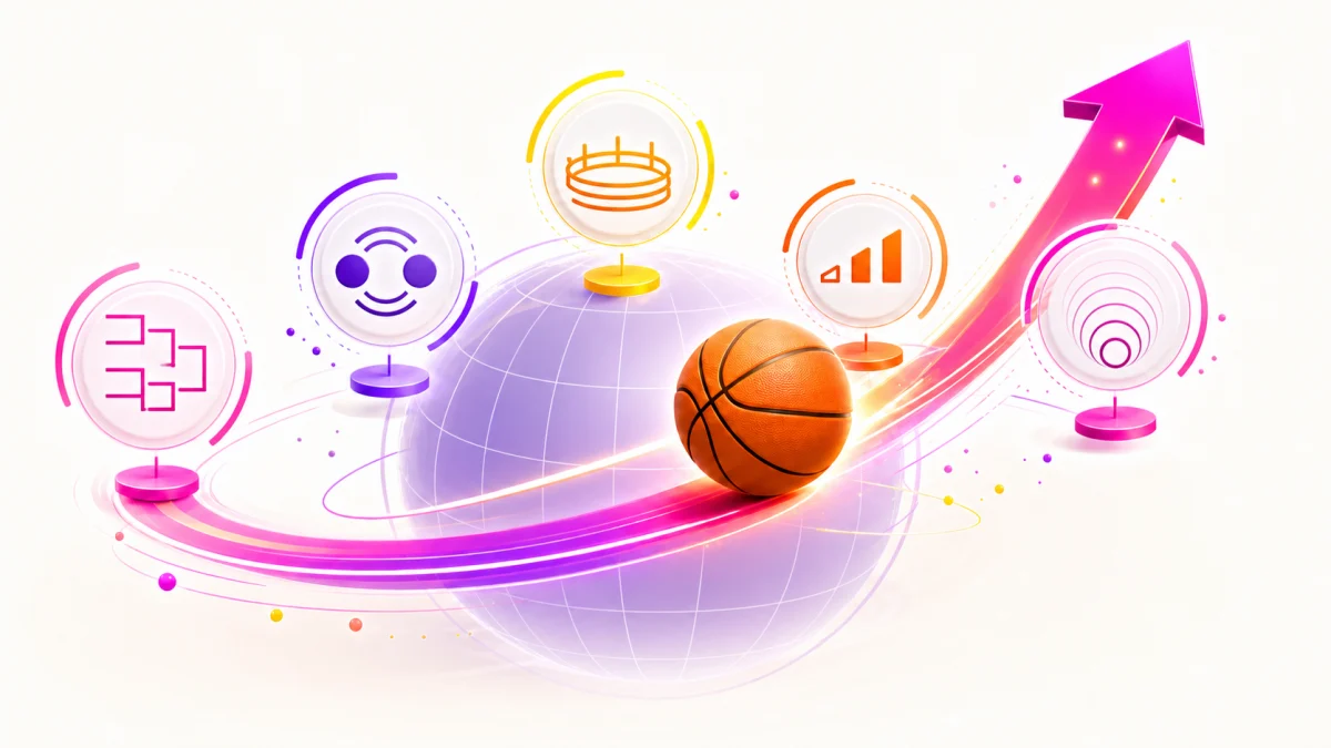 Basketball moving through colorful global competition and rating-factor nodes on a bright background.