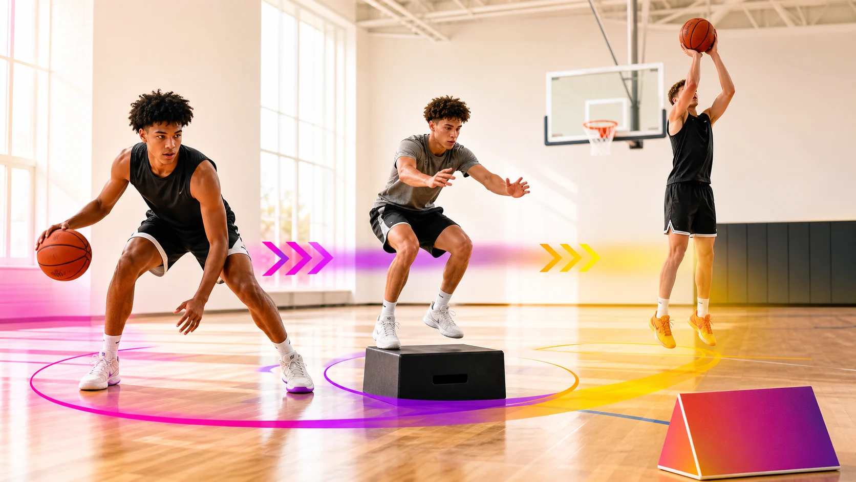 Three high school basketball players show ball handling, landing control, and shooting in a bright gym progression.
