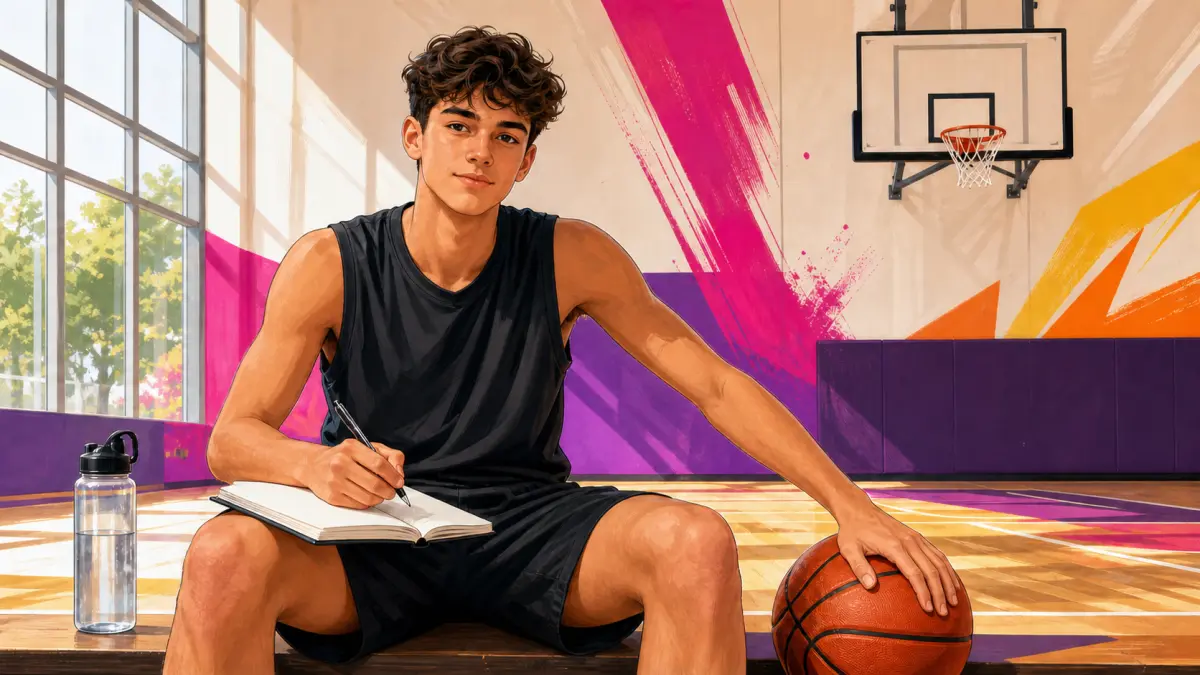 Ein Highschool-Basketballspieler schreibt nach dem Training in ein Trainingstagebuch