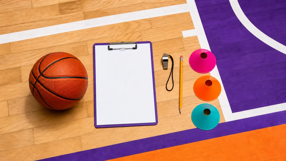 Ein leeres Trainer-Klemmbrett, Basketball, Pfeife und drei Hütchen, arrangiert für ein High-School-Sichtungstraining