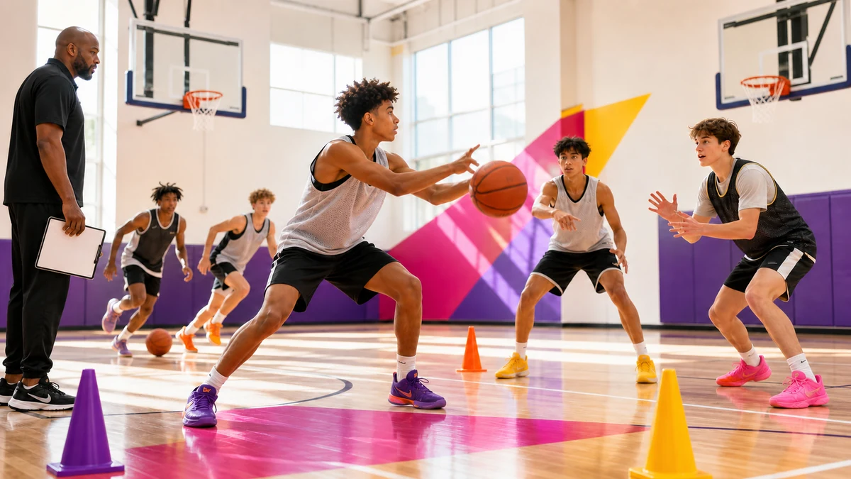 High-school basketball players communicate through a tryout drill while a coach observes from the sideline.