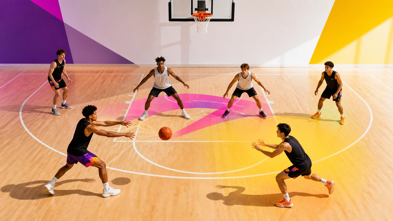 Five basketball players move the ball through a bright half-court zone-defense spacing diagram.