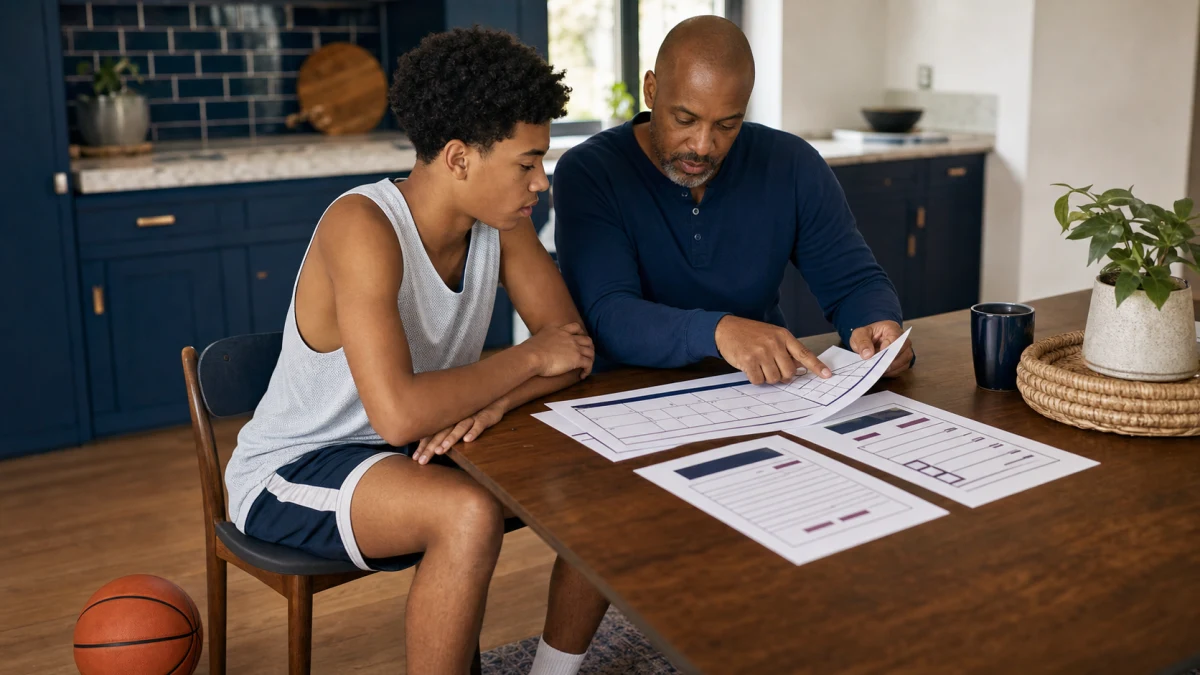 A high school basketball player and parent reviewing a team schedule at a kitchen table.