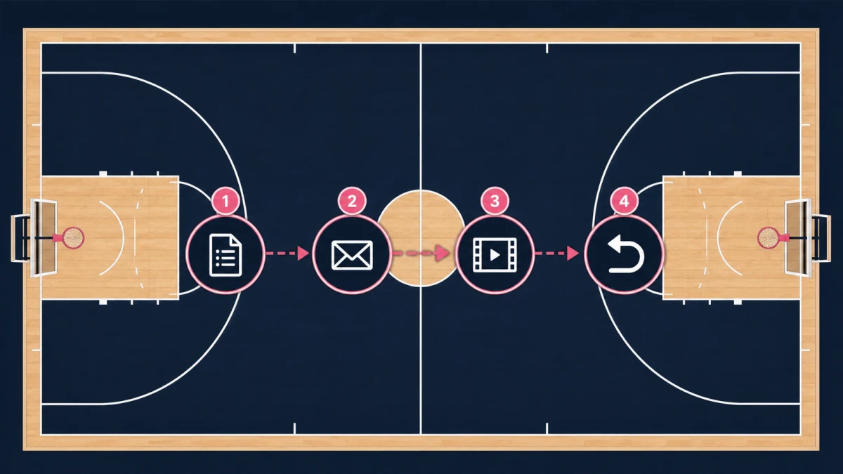 Diagrama de cancha de baloncesto con vista aérea que muestra un camino de cuatro pasos para el alcance de reclutamiento universitario.