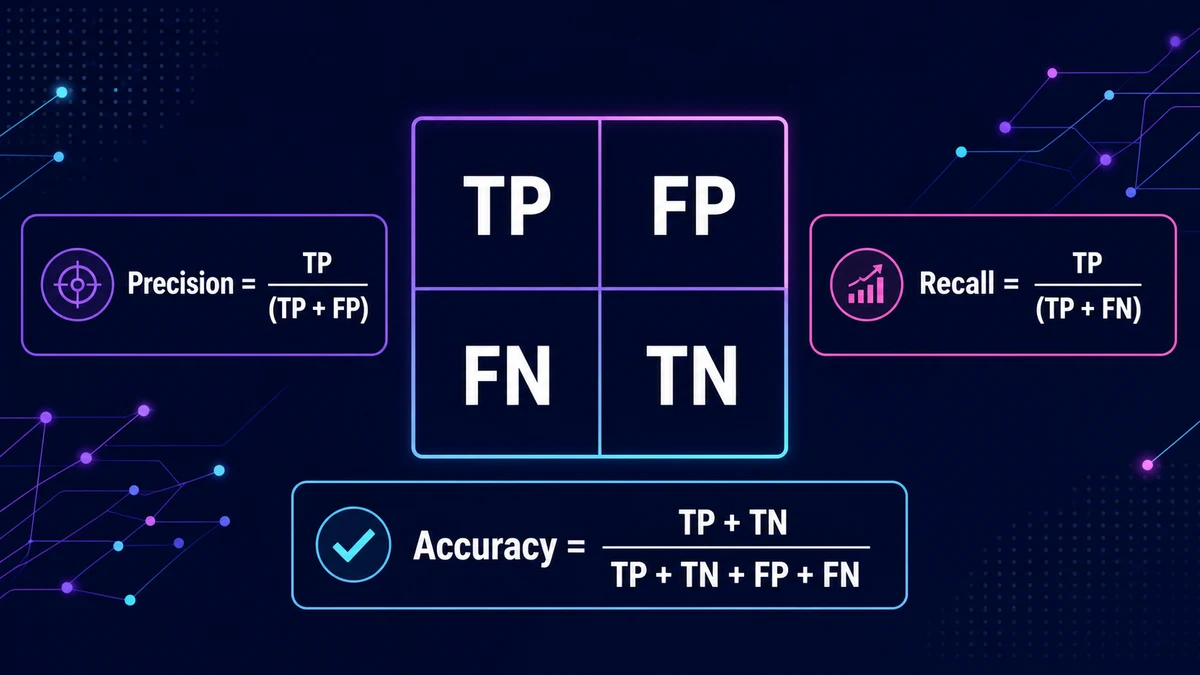 Diagrama de evaluación de IA con una matriz TP FP FN TN y fórmulas para precision, recall y accuracy