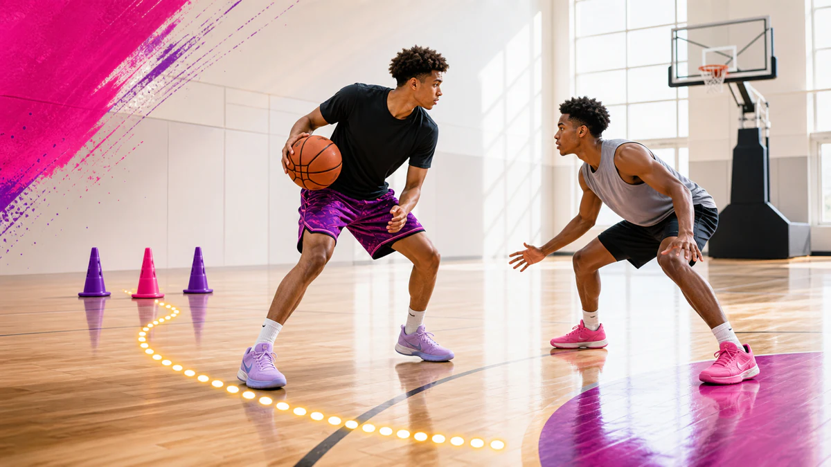 Ballhandler progresses from three training cones into a live read against a defender in a bright basketball gym.