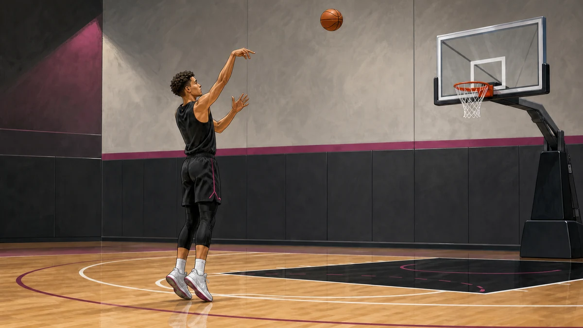 An editorial illustration shows one balanced right-handed shooter holding a relaxed follow-through as the ball travels toward the rim.