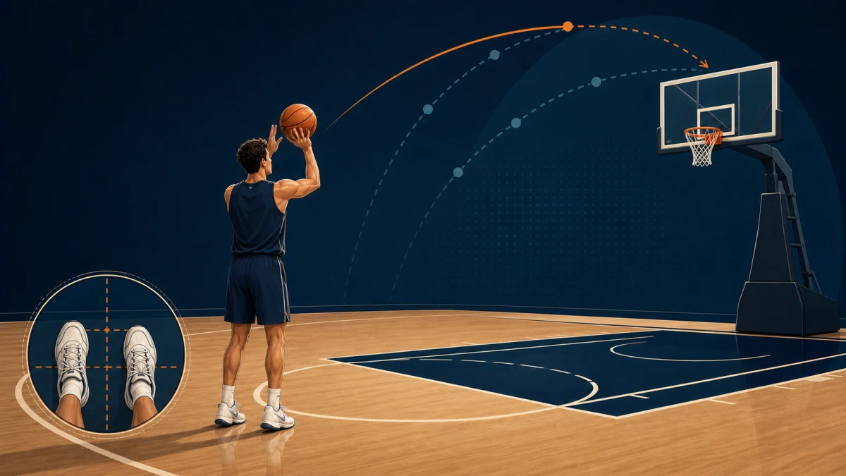 Schematic of a right-handed player calibrating one-hand form shooting, with a close view of the slight foot offset.