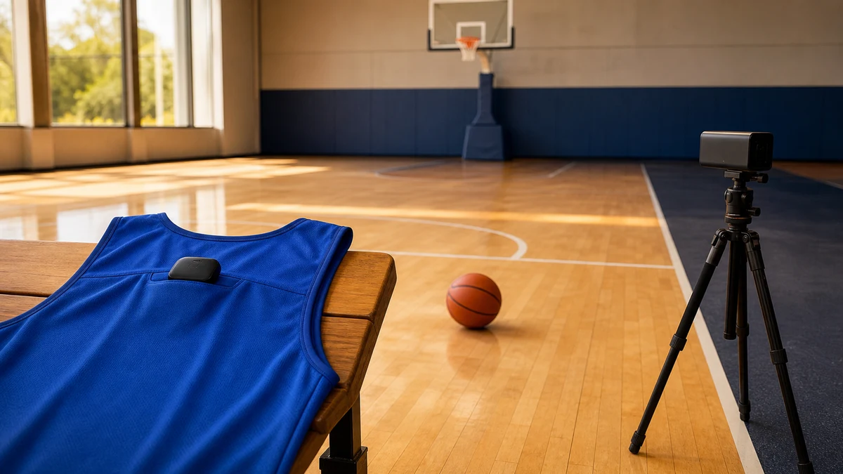 A blue training vest with a small upper-back sensor rests on a bench while a camera on a tripod faces the basketball court.