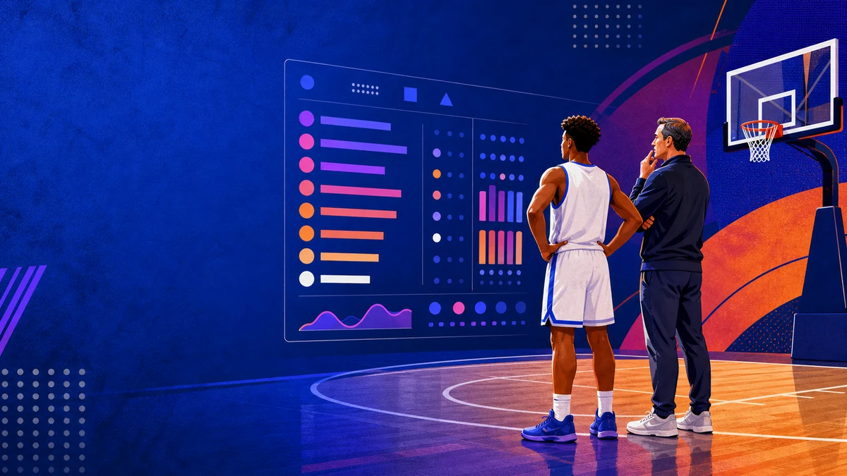 Editorial illustration of a college basketball player and coach reviewing team evaluation data beside a basketball court.