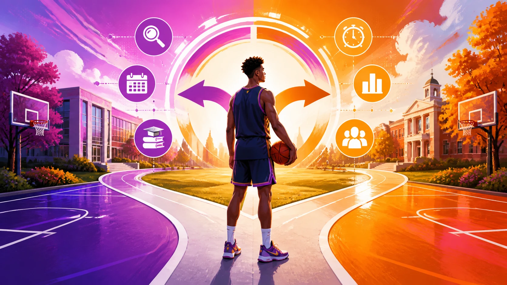 Bright editorial illustration of one college basketball player at a decision point between two campus courts, surrounded by research and timing symbols.