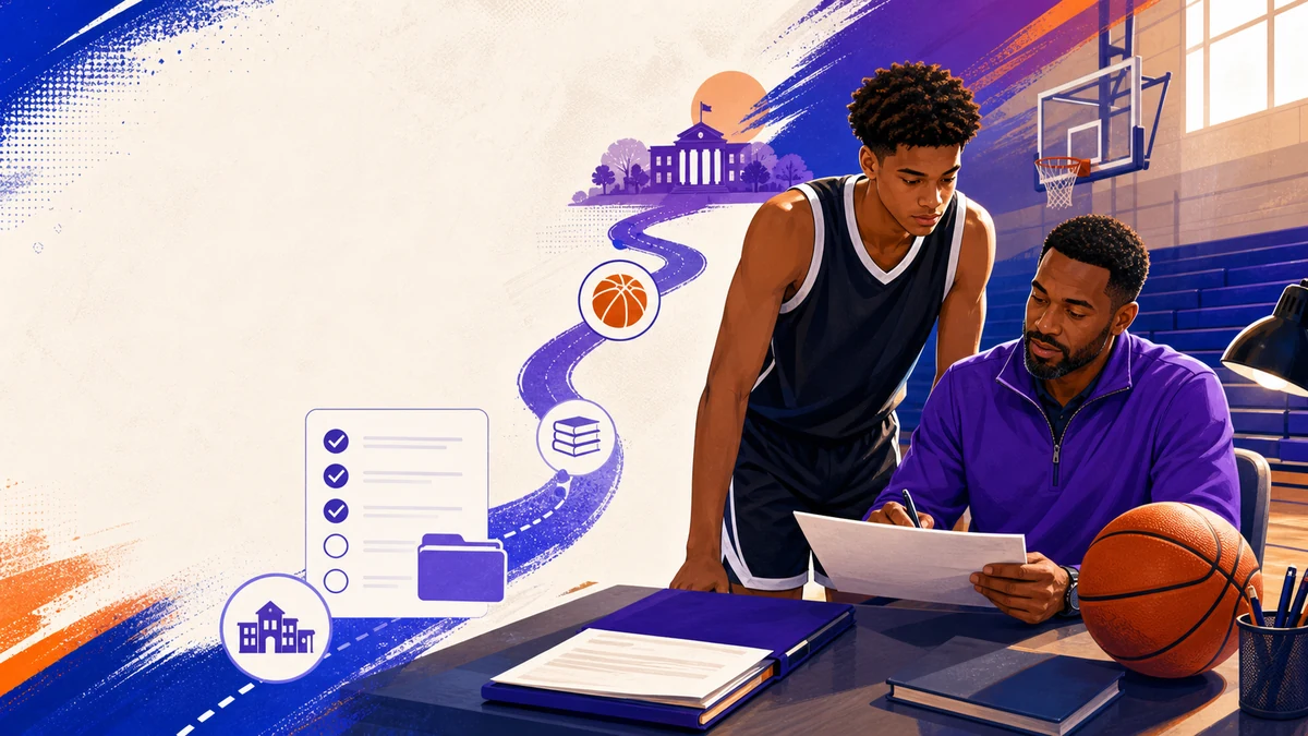 Ilustrasi editorial seorang calon pemain bola basket sekolah menengah dan konselor yang meninjau daftar periksa kelayakan di kantor gym.