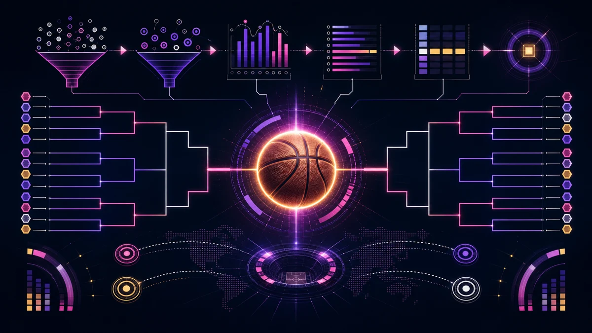 Isang nagliliwanag na bola ng basketball ang nakaupo sa gitna ng isang bracket ng torneo at diagram ng pagsusuri ng datos.