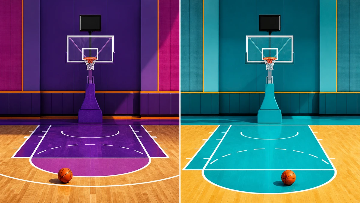 Due campi da basket vuoti divisi con sistemi di cronometro di tiro separati e vuoti