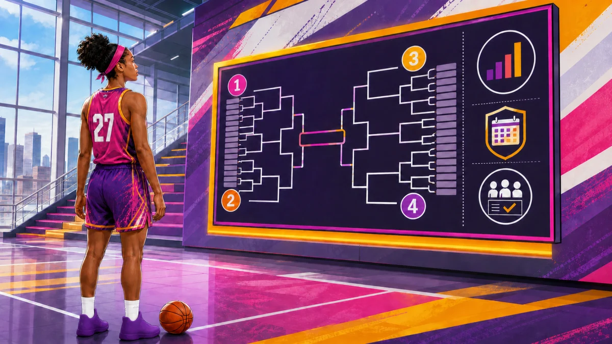 Una jugadora de baloncesto femenino estudia un tablero abstracto de selección y clasificación de torneos en un entorno de arena brillante.
