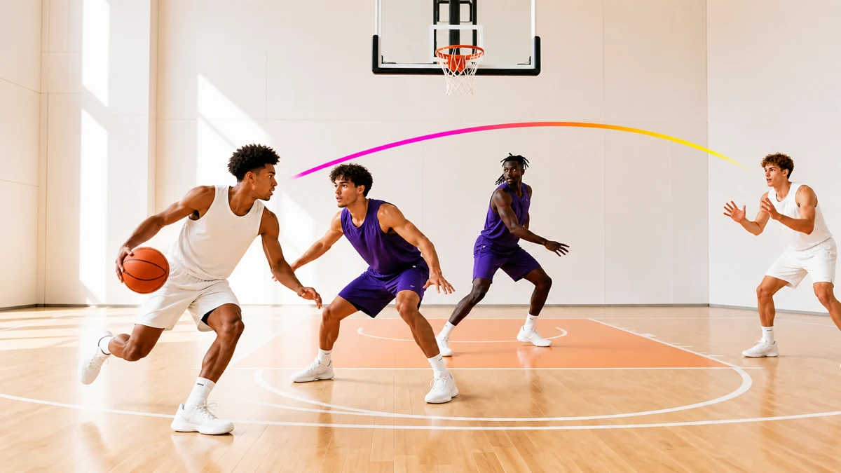 Vier Spieler treten in einem weiträumigen Zwei-gegen-Zwei-Spiel an, während ein Ballhandler Hilfe und einen freien Mitspieler liest.