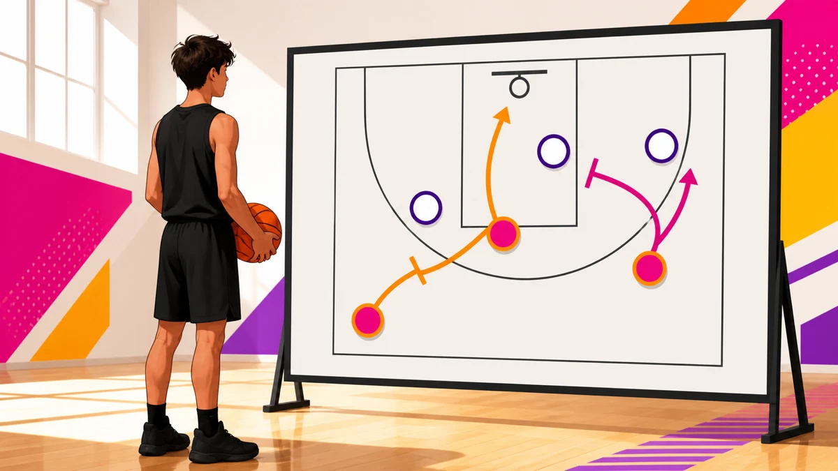 A basketball player studies a bright half-court board that diagrams Spain pick-and-roll with six player tokens.