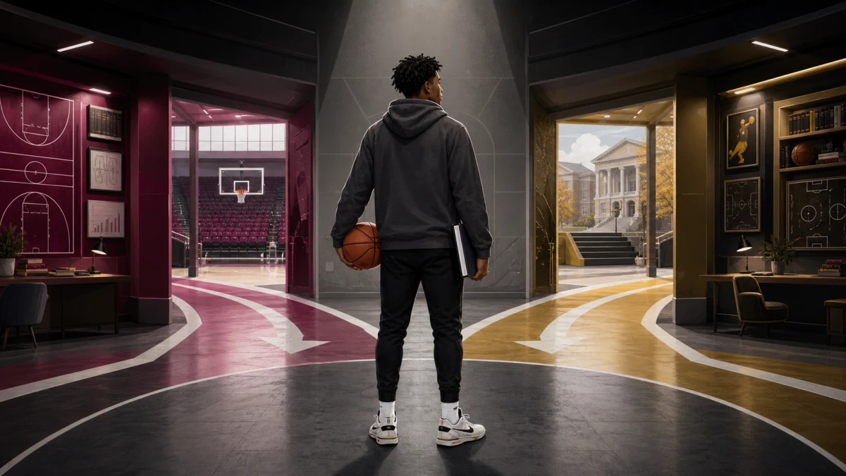 An editorial illustration shows one college basketball player evaluating two program paths with academics, role, and roster fit in view.