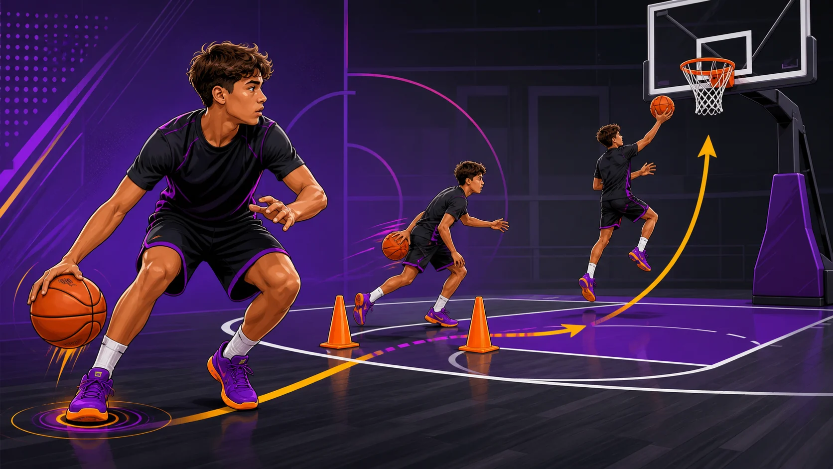 Helle schematische Illustration eines Spielers, der von einem Dribbling mit der linken Hand durch Hütchen zu einem Linkshänder-Layup fortschreitet.
