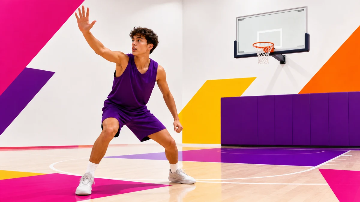 A basketball defender closes out under control with one hand raised to contest
