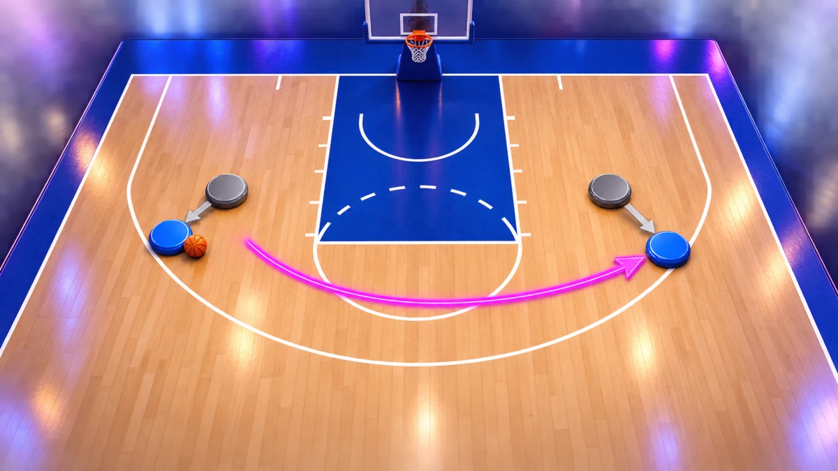Tactical half-court diagram with two blue player markers, two gray defender markers, and a curved path showing the ghost screener departing to the right wing.