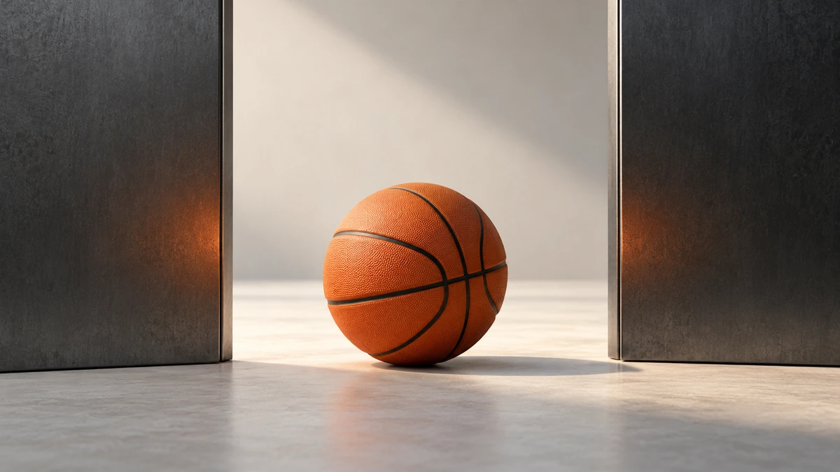 Un balón de baloncesto naranja enmarcado por dos paneles verticales separados sobre un fondo pálido.