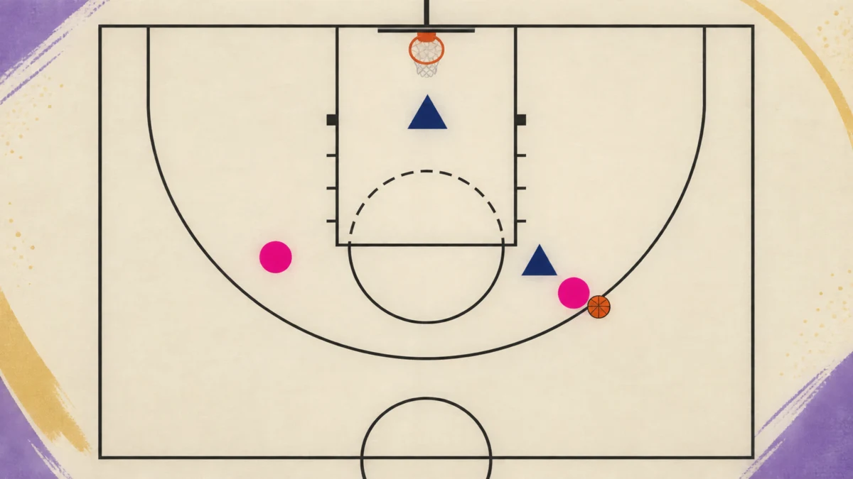 Text-free half-court diagram showing a drop defender in the paint between the basket and two offensive players.